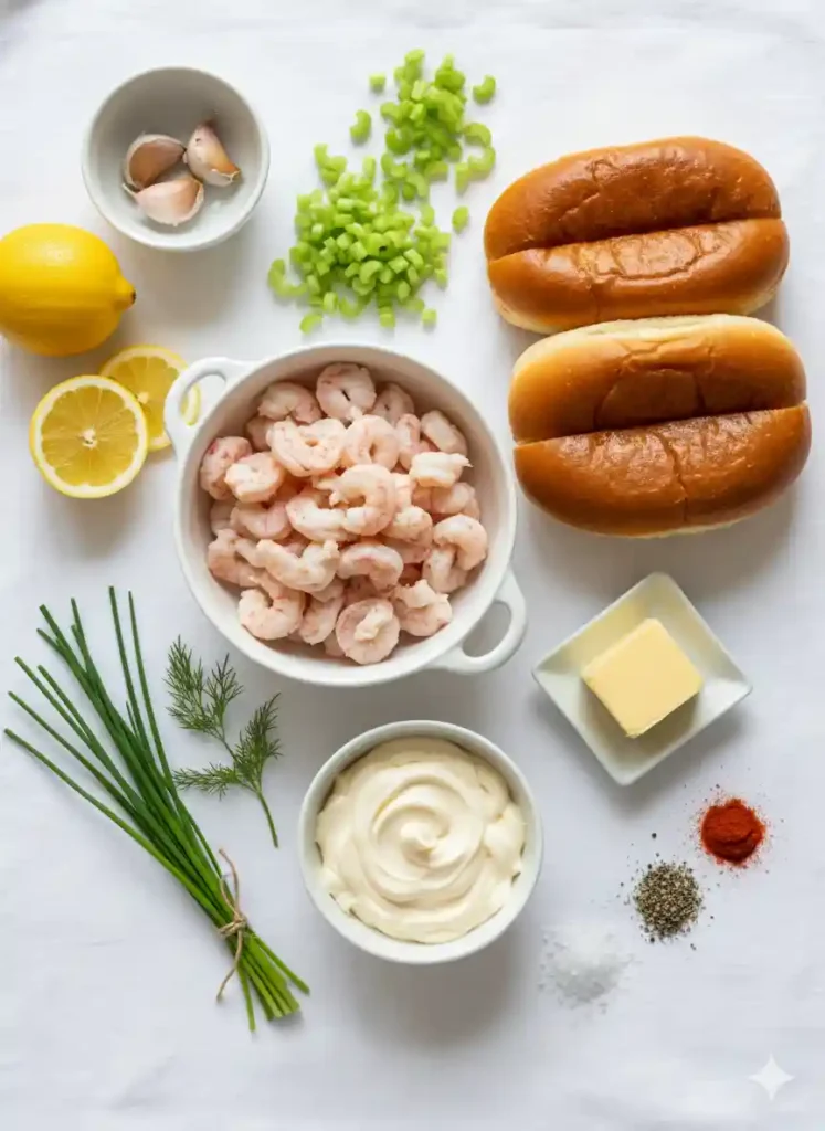Overhead view of all fresh ingredients for langostino lobster rolls, including langostino tails, buns, butter, mayonnaise, lemon, celery, chives, garlic, and spices, arranged on a light background.