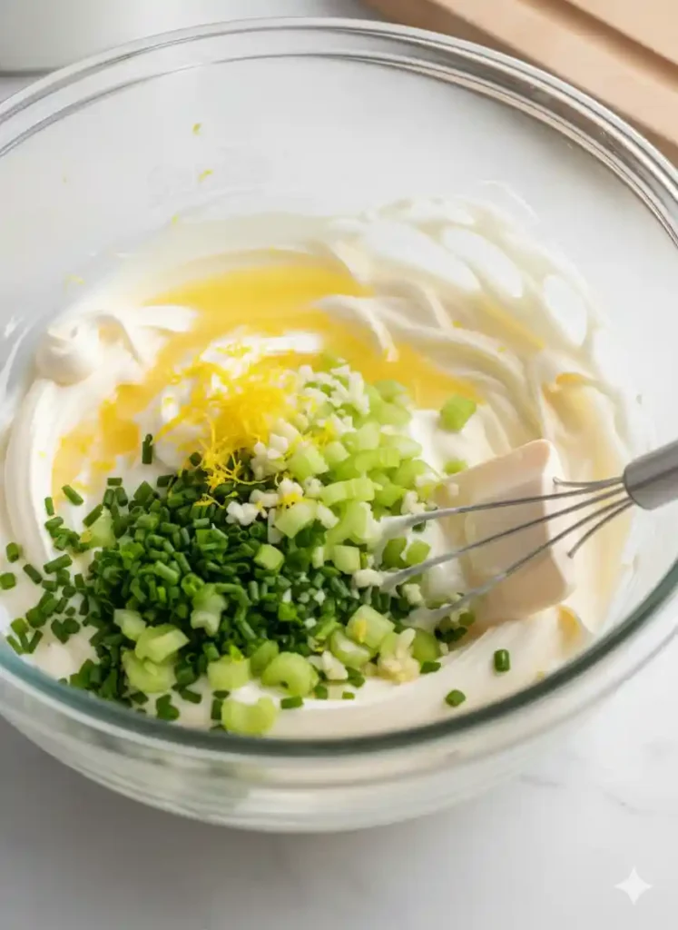 A mixing bowl filled with creamy mayonnaise-based dressing, lemon juice, zest, finely diced celery, and fresh herbs.