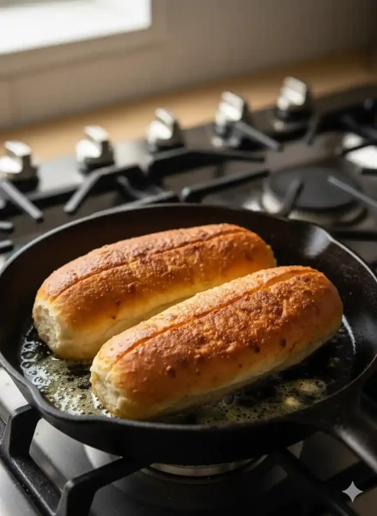 Two split-top New England style hot dog buns toasting to a golden brown in a cast iron skillet with melted butter.