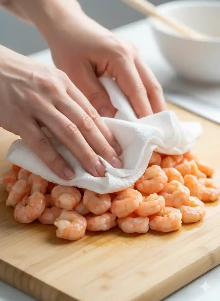 Close-up of hands patting thawed langostino lobster tails dry with paper towels on a wooden cutting board.