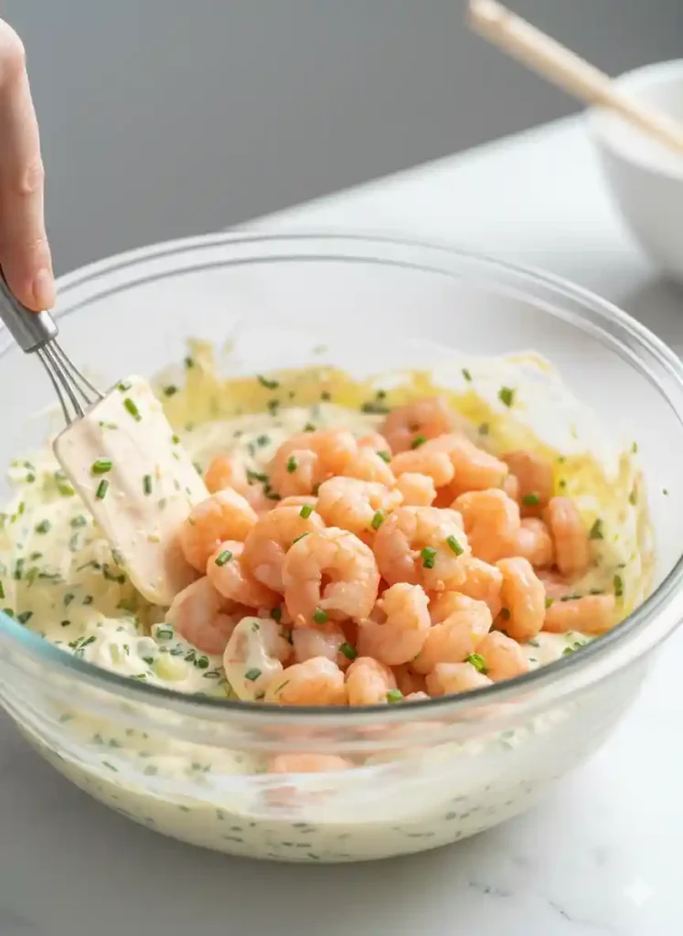 Close-up of a spatula gently folding dried langostino lobster tails into a bowl of creamy lemon-herb dressing.