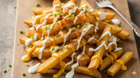 Overhead view of crispy Voodoo Fries topped with cheese sauce, ranch, and Cajun seasoning on a wooden board.