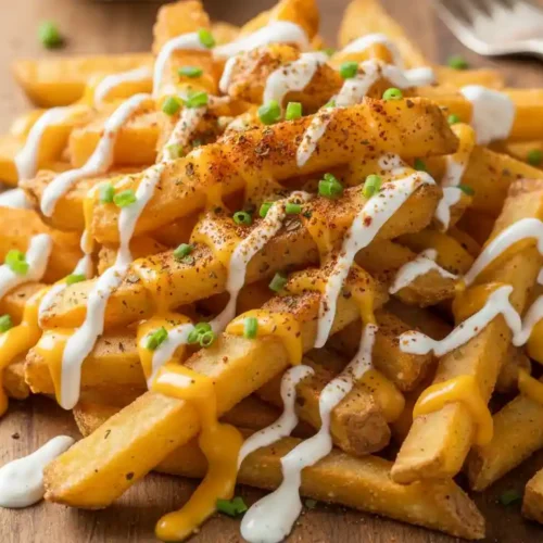 Overhead view of crispy Voodoo Fries topped with cheese sauce, ranch, and Cajun seasoning on a wooden board.