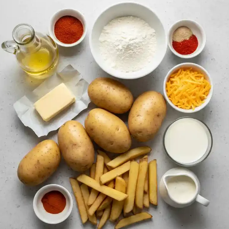 Flat lay of Voodoo Fries ingredients: potatoes, cheese, milk, butter, oil, and spices on a grey background.