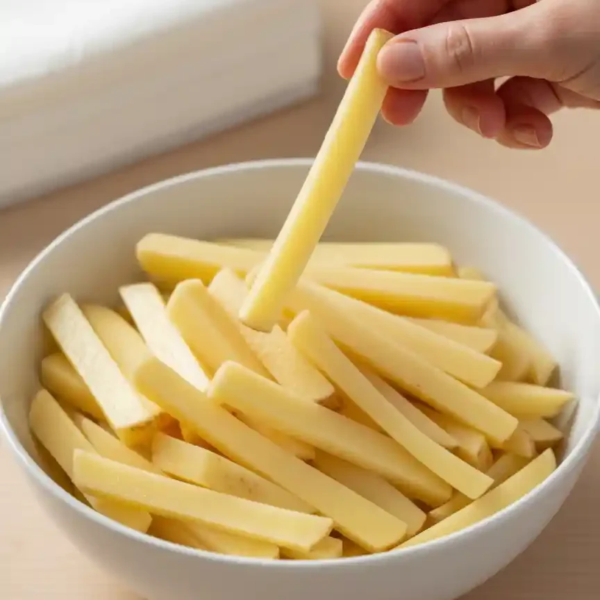 Crispy golden brown french fries being lifted from a deep fryer basket.