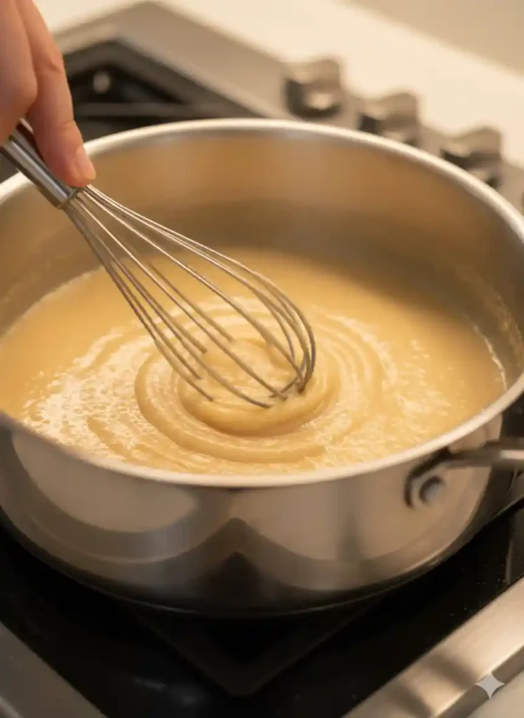 Shredded cheddar cheese melting into a creamy white sauce in a saucepan.