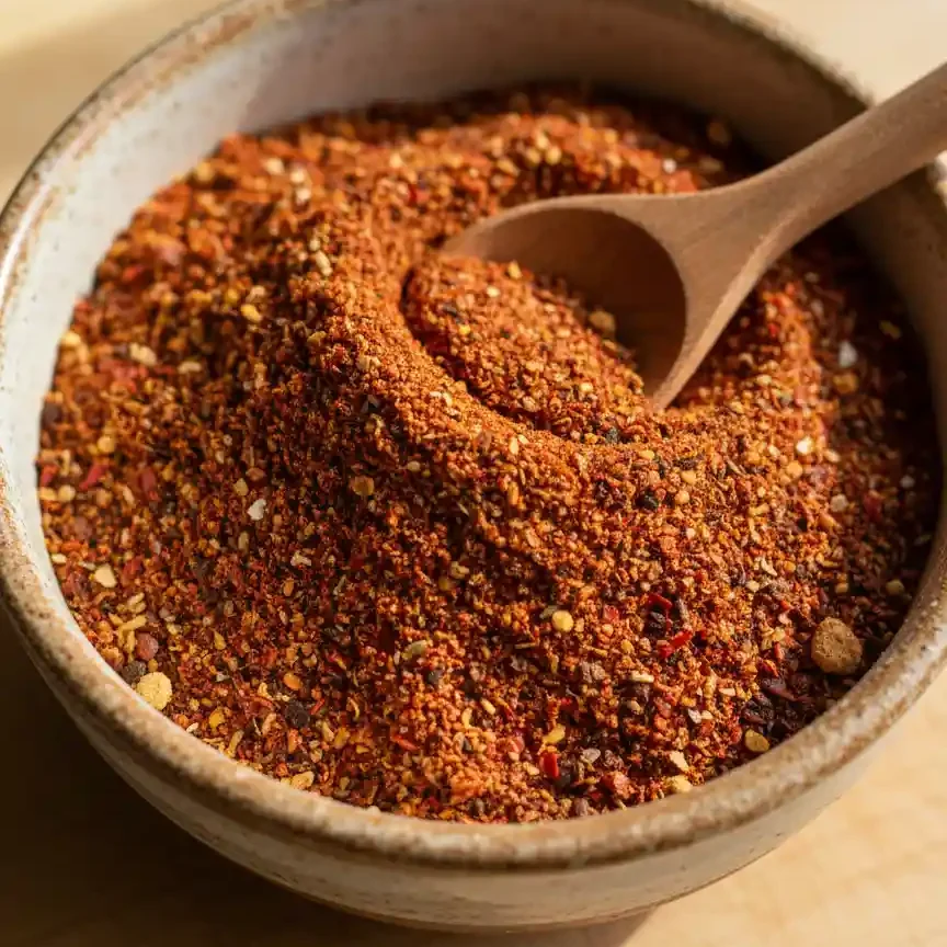Hot french fries being tossed in a bowl with red and black Voodoo seasoning.