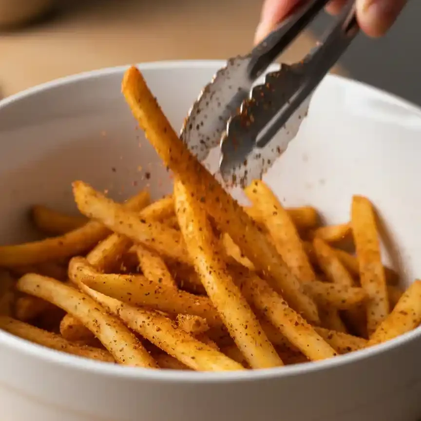 Voodoo Fries on a platter, drizzled with cheese sauce and ranch dressing.
