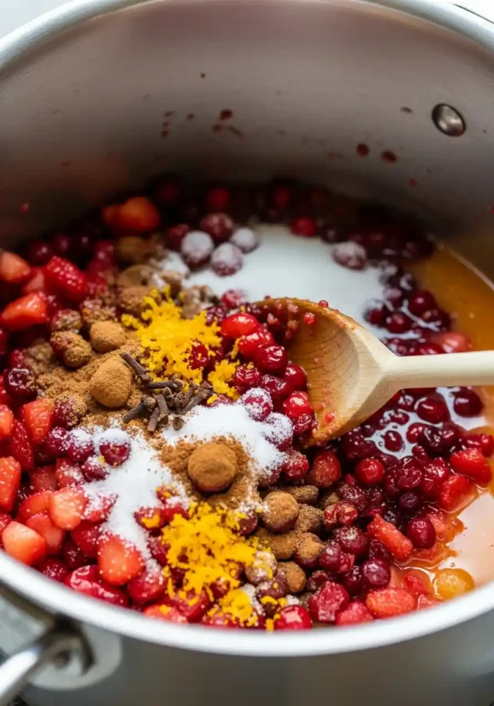 Close-up of fresh strawberries, cranberries, sugar, and spices being combined in a large stainless steel pot with a wooden spoon.