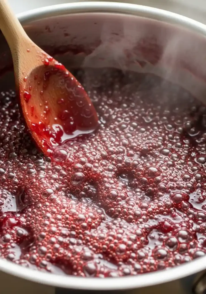 Close-up of vibrant red Christmas Jam at a full rolling boil in a stainless steel pot, with active bubbling on the surface.