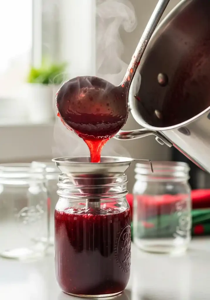 Hot, glossy ruby-red Christmas Jam being carefully ladled into a warm, sterilized glass canning jar with a funnel.