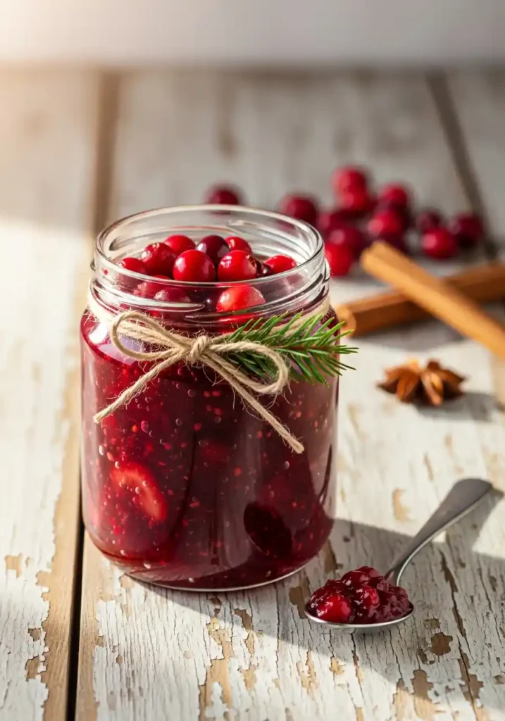 Several sealed glass jars of homemade ruby red Christmas Jam cooling on a white towel on a wooden countertop.