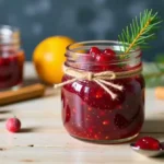 A beautifully styled glass jar of ruby red Christmas Jam, garnished with twine and resting on a wooden surface with a spoonful of jam.
