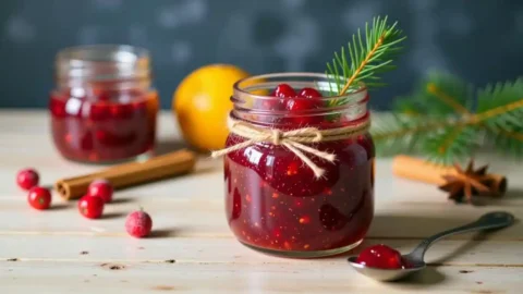 A beautifully styled glass jar of ruby red Christmas Jam, garnished with twine and resting on a wooden surface with a spoonful of jam.