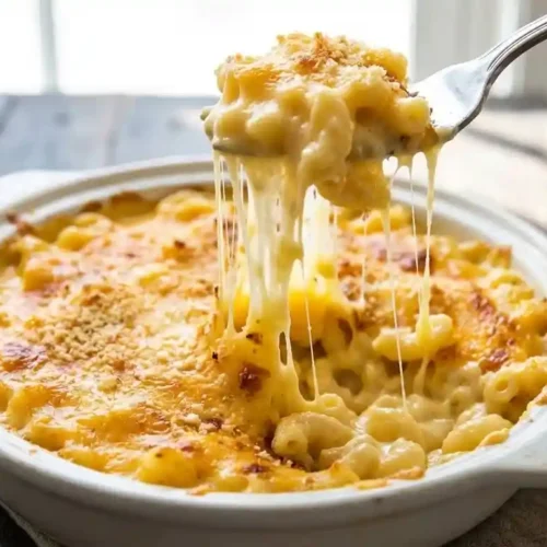 Close-up of baked mac and cheese with a golden-brown crust, showing a dramatic cheese pull from a fork, sitting in a white ceramic dish.