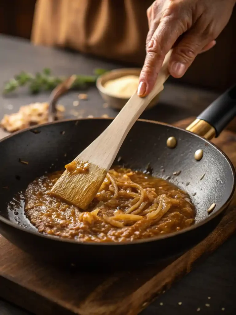 A wooden spoon stirring thick white miso paste into the sautéed onion and ginger mixture in a skillet.
