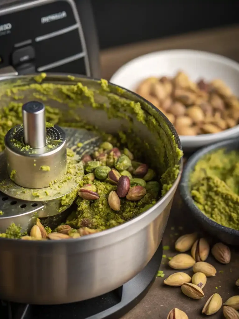 Pistachios being blended in a food processor, turning into a thick green paste.