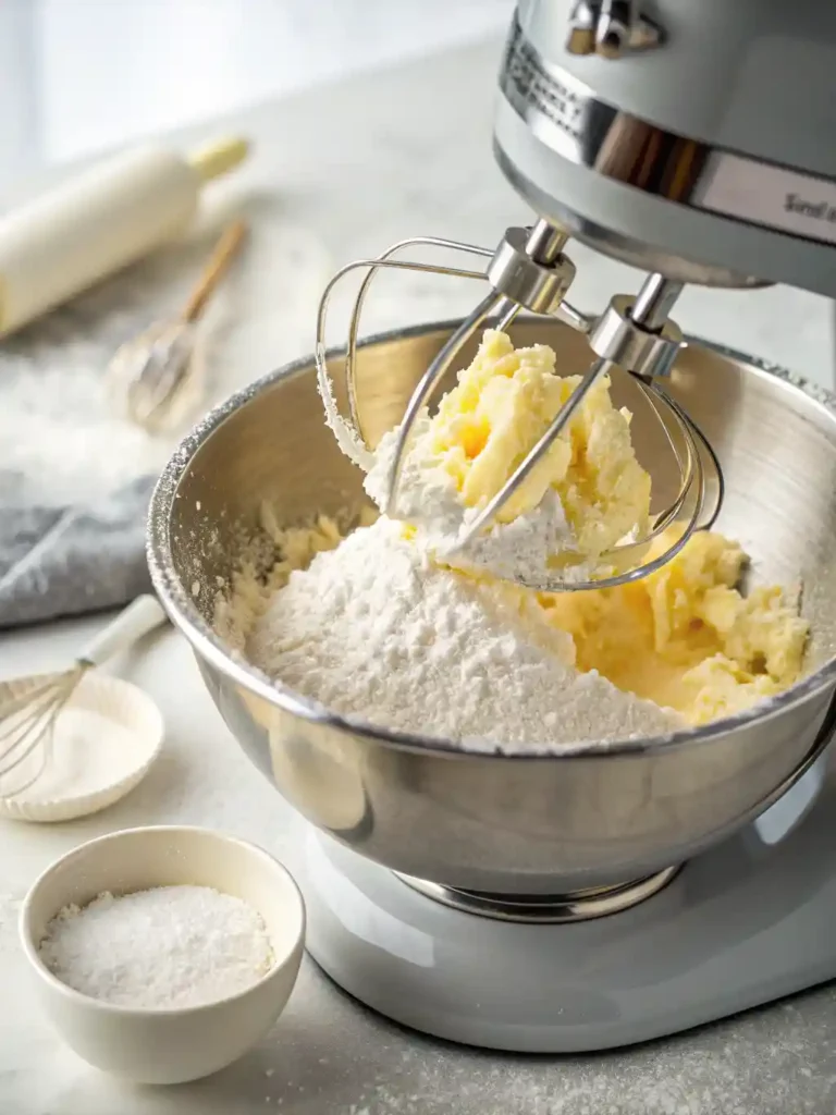 Stand mixer creaming softened butter and powdered sugar until the mixture is light and fluffy.