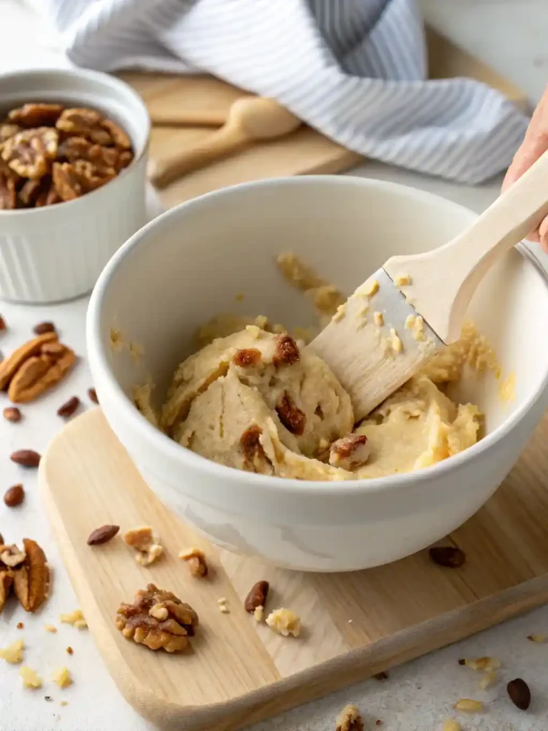Mixing bowl with sticky, pale cookie dough and finely chopped pecans being gently folded together with a rubber spatula.