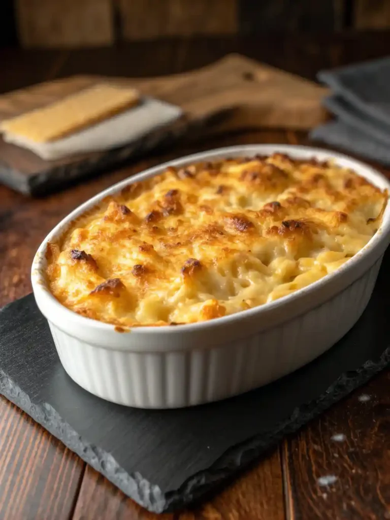A close-up view of the baked mac and cheese in a white ceramic dish, showcasing the bubbly, golden-brown crispy cheese topping straight out of the broiler.