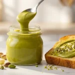 Glass jar of smooth, vibrant green homemade pistachio cream with a spoonful being lifted out, served next to toast on a marble counter.