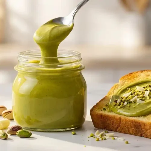 Glass jar of smooth, vibrant green homemade pistachio cream with a spoonful being lifted out, served next to toast on a marble counter.