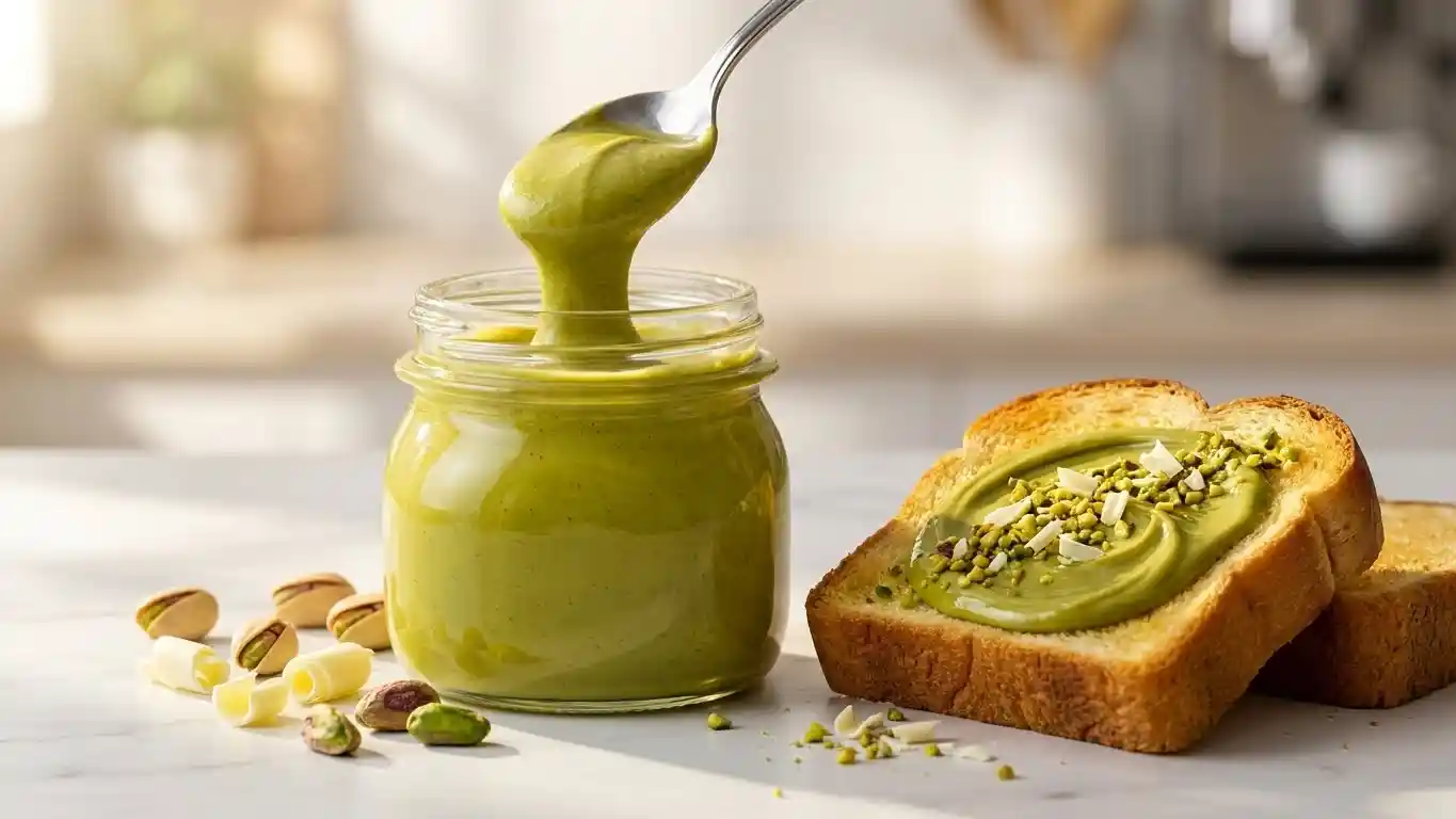 Glass jar of smooth, vibrant green homemade pistachio cream with a spoonful being lifted out, served next to toast on a marble counter.