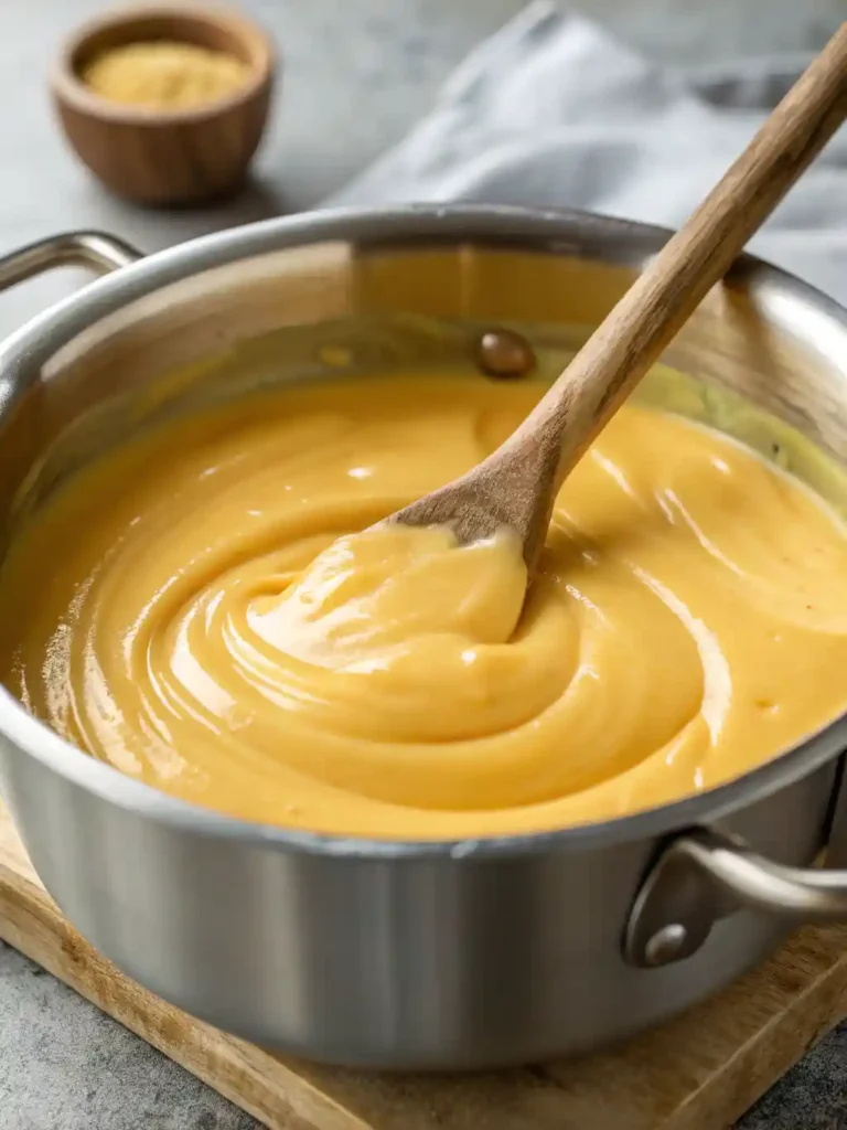Extreme close-up of a thick, glossy, golden-yellow cheese sauce filling a saucepan, indicating a successful emulsification using shredded cheese.