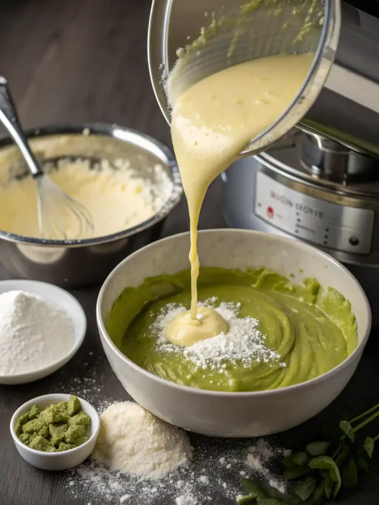Pouring melted white chocolate and butter into the food processor with the pistachio paste.