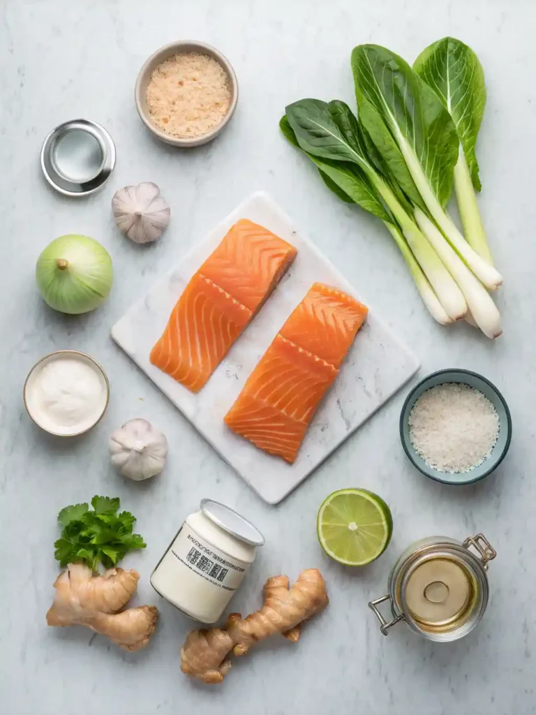 Overhead flat lay showing all ingredients for salmon curry: salmon fillets, shiro miso, coconut milk, ginger, garlic, onion, bok choy, lime, and cilantro.