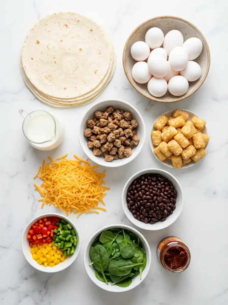 Overhead flat-lay of all ingredients for sheet pan breakfast burritos: tortillas, eggs, milk, cooked sausage, tater tots, cheese, black beans, bell peppers, spinach, and chipotle peppers.