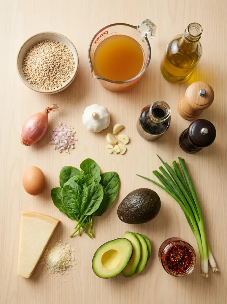 Overhead view of all raw ingredients for savory oatmeal, including steel-cut oats, broth, shallots, garlic, soy sauce, and toppings like egg, spinach, and avocado, arranged neatly on a light surface.