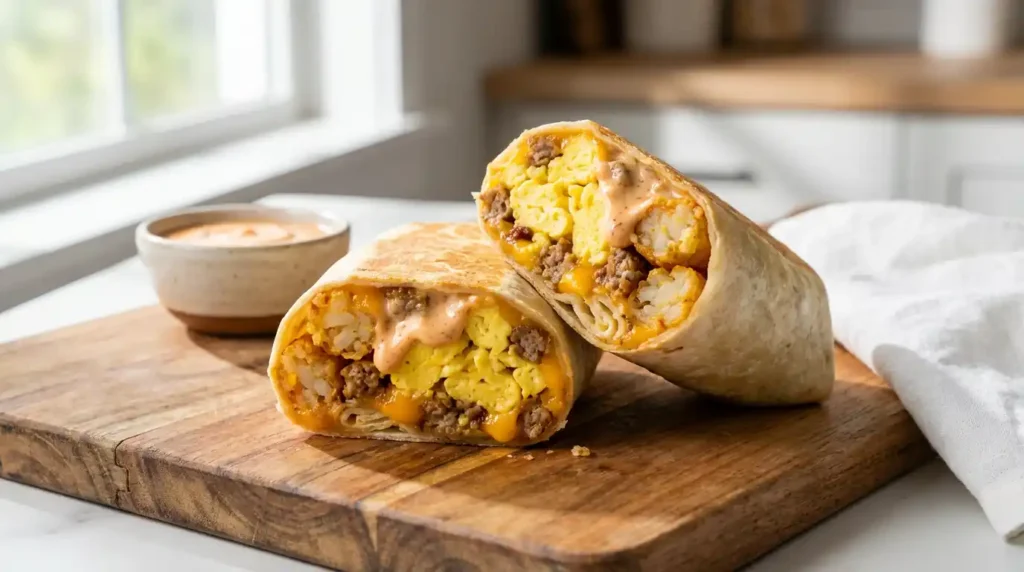 Two generously filled sheet pan breakfast burritos, one cut in half, revealing layers of egg, sausage, tater tots, and melted cheese on a wooden board.