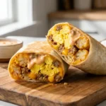 Two generously filled sheet pan breakfast burritos, one cut in half, revealing layers of egg, sausage, tater tots, and melted cheese on a wooden board.