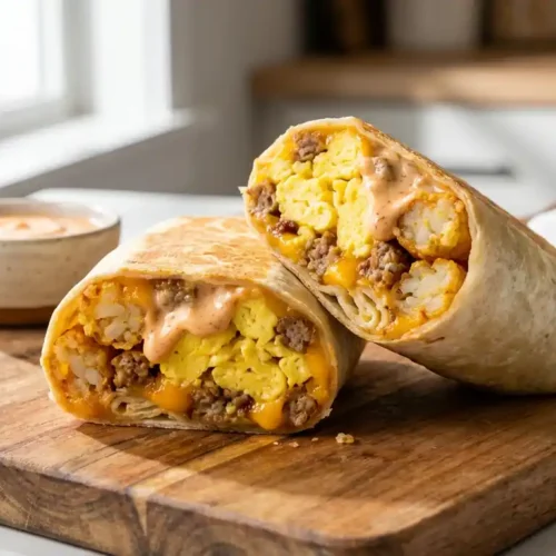 Two generously filled sheet pan breakfast burritos, one cut in half, revealing layers of egg, sausage, tater tots, and melted cheese on a wooden board.