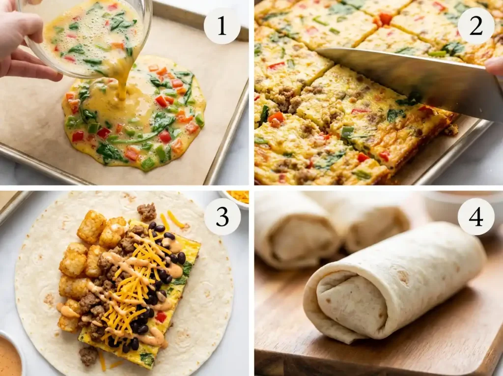 A four-panel collage illustrating the step-by-step process of making sheet pan breakfast burritos: pouring eggs, cutting baked egg slab, assembling ingredients on a tortilla, and rolling burritos, with each step clearly numbered.