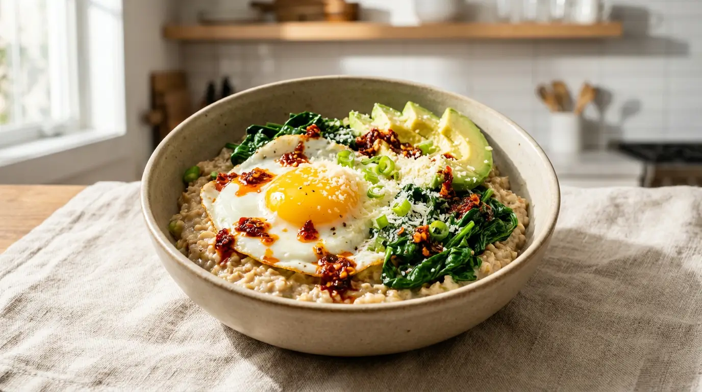 A close-up of a rustic bowl of savory oatmeal topped with a fried egg, sautéed spinach, avocado, Parmesan, scallions, and chili crisp on a linen tablecloth.