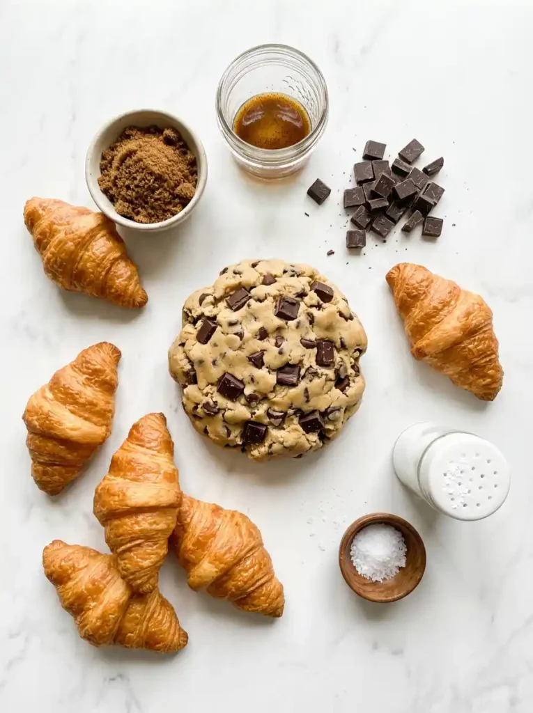 Overhead view of all ingredients for Crookies: croissants, chocolate chip cookie dough, chocolate chunks, brown sugar, vanilla, powdered sugar, and sea salt, neatly arranged on a white marble surface.