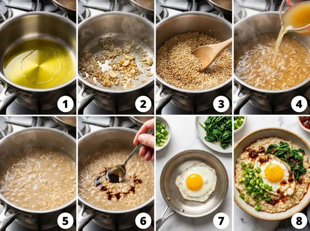 A 2x4 grid collage showing 8 sequential steps for making savory oatmeal, each panel numbered 1 through 8, depicting cooking from heating oil to final plating.