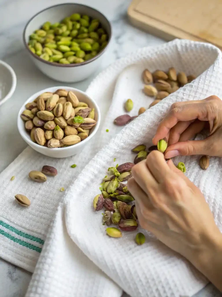 Hands rubbing blanched pistachios in a white towel to remove skins and reveal the bright green nut.