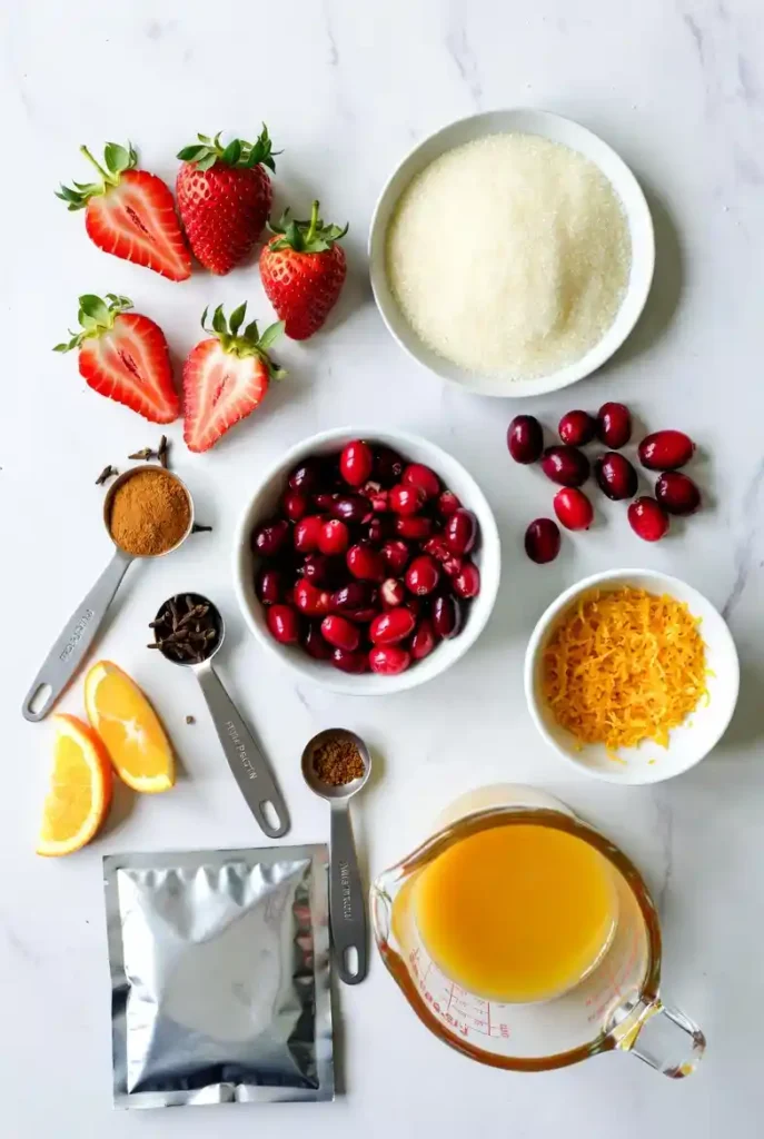 Overhead flat-lay shot of all raw ingredients for Christmas Jam: fresh strawberries, cranberries, sugar, orange zest, orange juice, pectin, and ground spices.