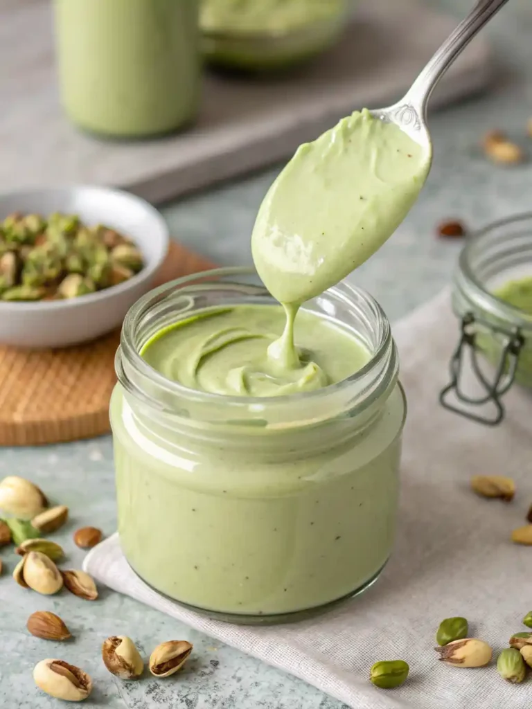 Smooth, glossy pistachio cream being poured into a glass jar, showing a thick, velvety texture.