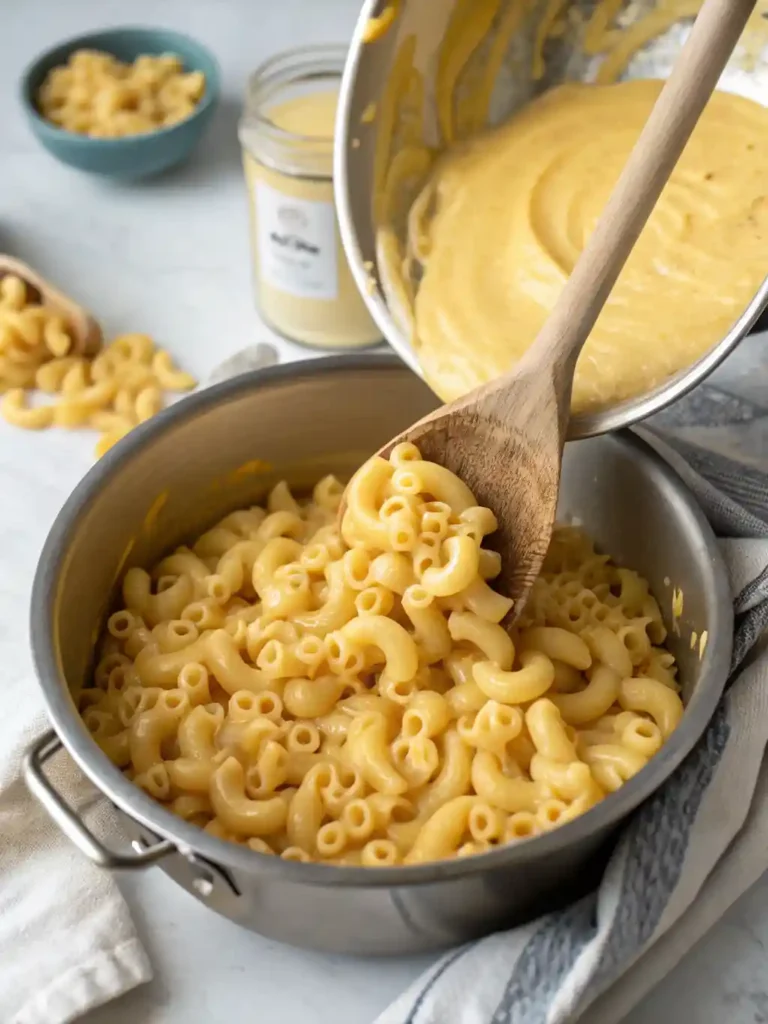 Cooked elbow macaroni noodles being stirred and folded thoroughly into a thick, golden cheese sauce inside a stainless steel mixing bowl.
