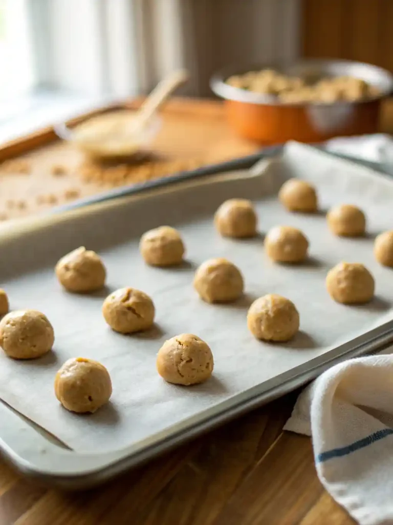 Small, uniform pecan cookie dough balls lined up on parchment paper on a silver baking sheet ready to be baked.