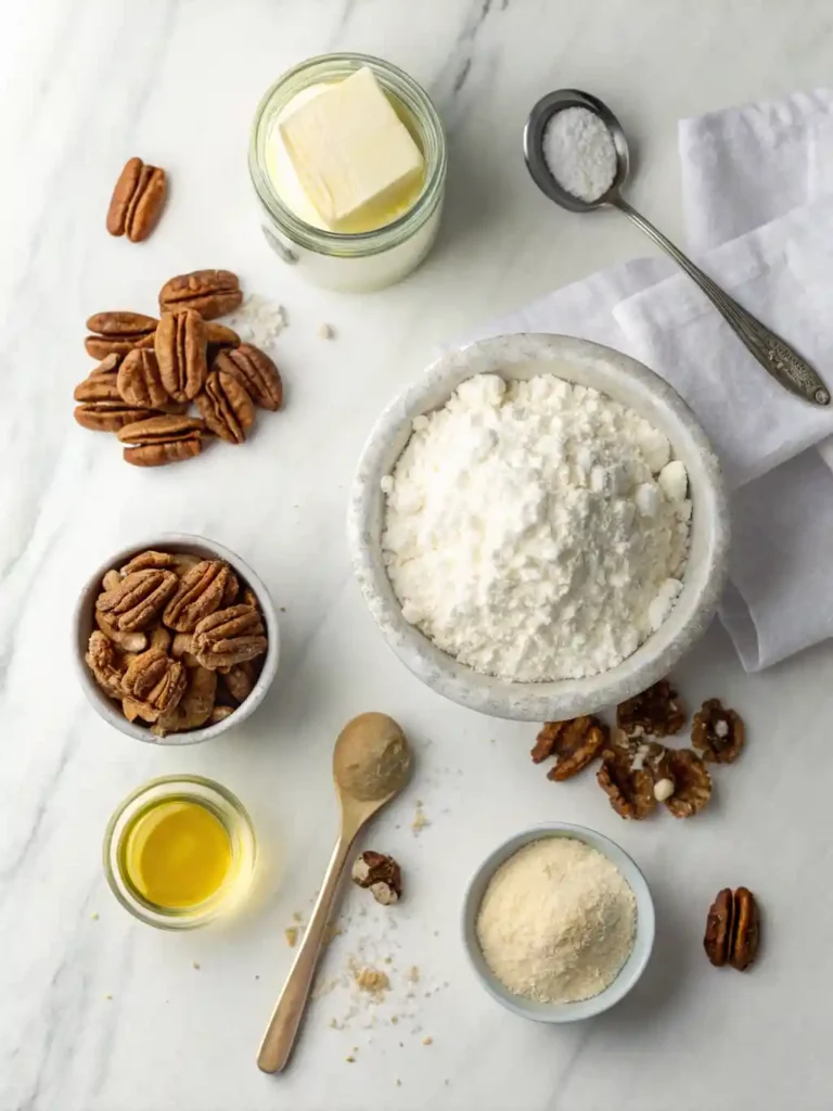 Flat lay showing ingredients for snowball cookies: flour, butter, powdered sugar, vanilla extract, and finely chopped pecans arranged on a white marble surface.