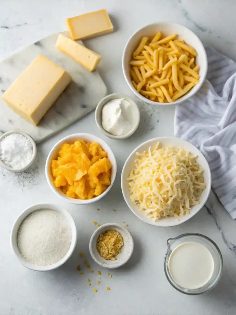 Flat lay photo showing dry elbow macaroni, unsalted butter, milk, heavy cream, American cheese, freshly shredded sharp cheddar, Parmesan, and spices laid out on a marble surface.
