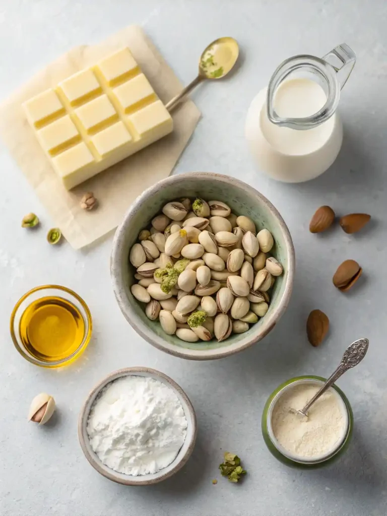 Flat lay of raw pistachios, white chocolate, butter, milk, sugar, and extracts arranged on a gray surface.