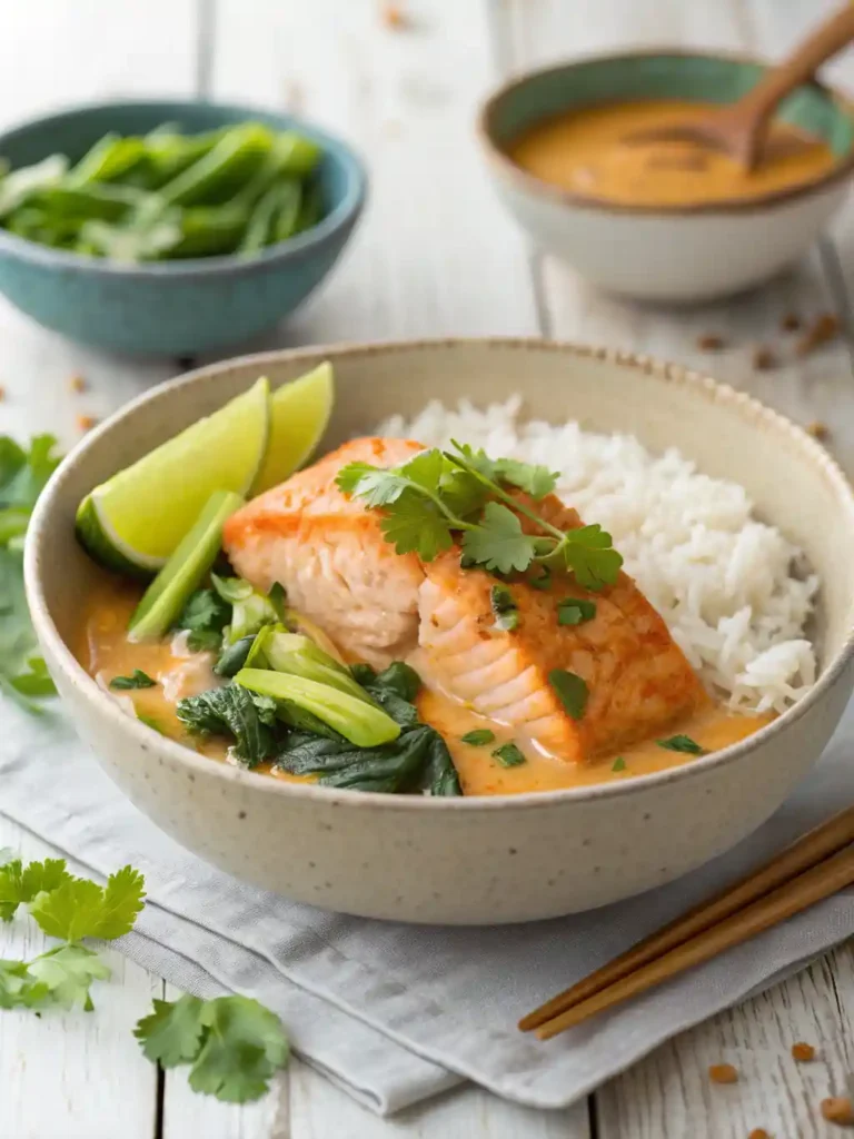 Pieces of salmon and chopped bok choy being gently lowered into the simmering coconut miso sauce in a skillet.
