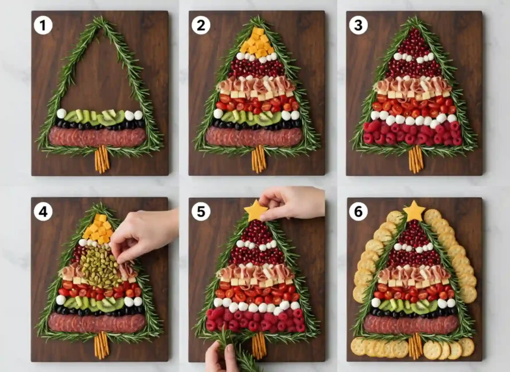 A 6-panel process collage showing step-by-step assembly of a Christmas Tree Charcuterie Board, from outlining to the finished product.