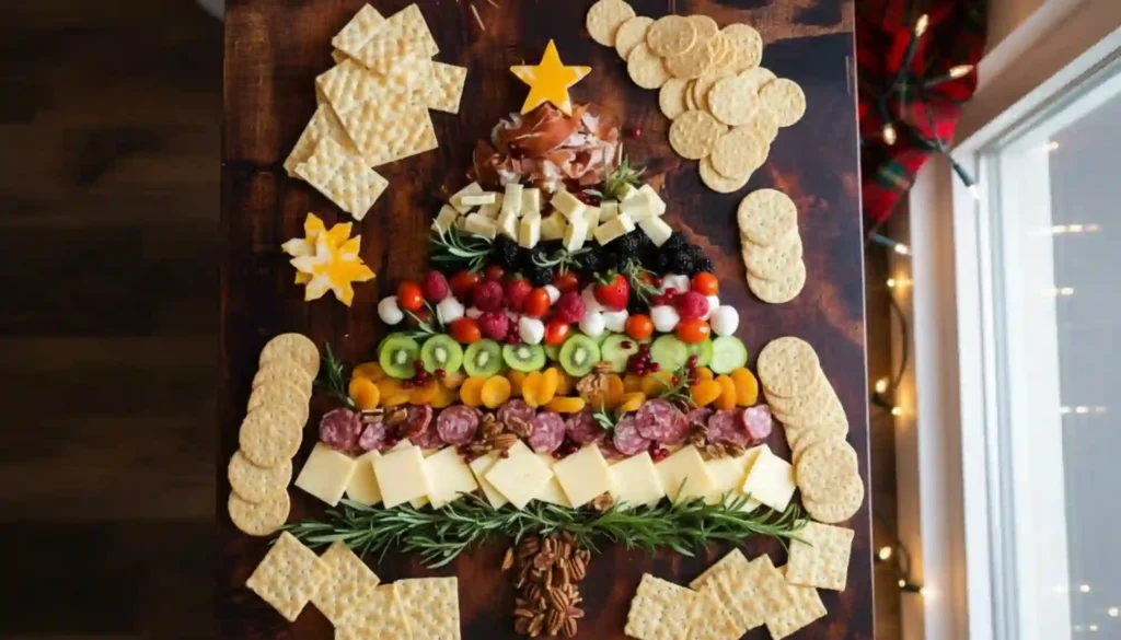 A beautiful Christmas tree-shaped charcuterie board overflowing with meats, cheeses, fruits, and olives, garnished with rosemary and a cheese star.